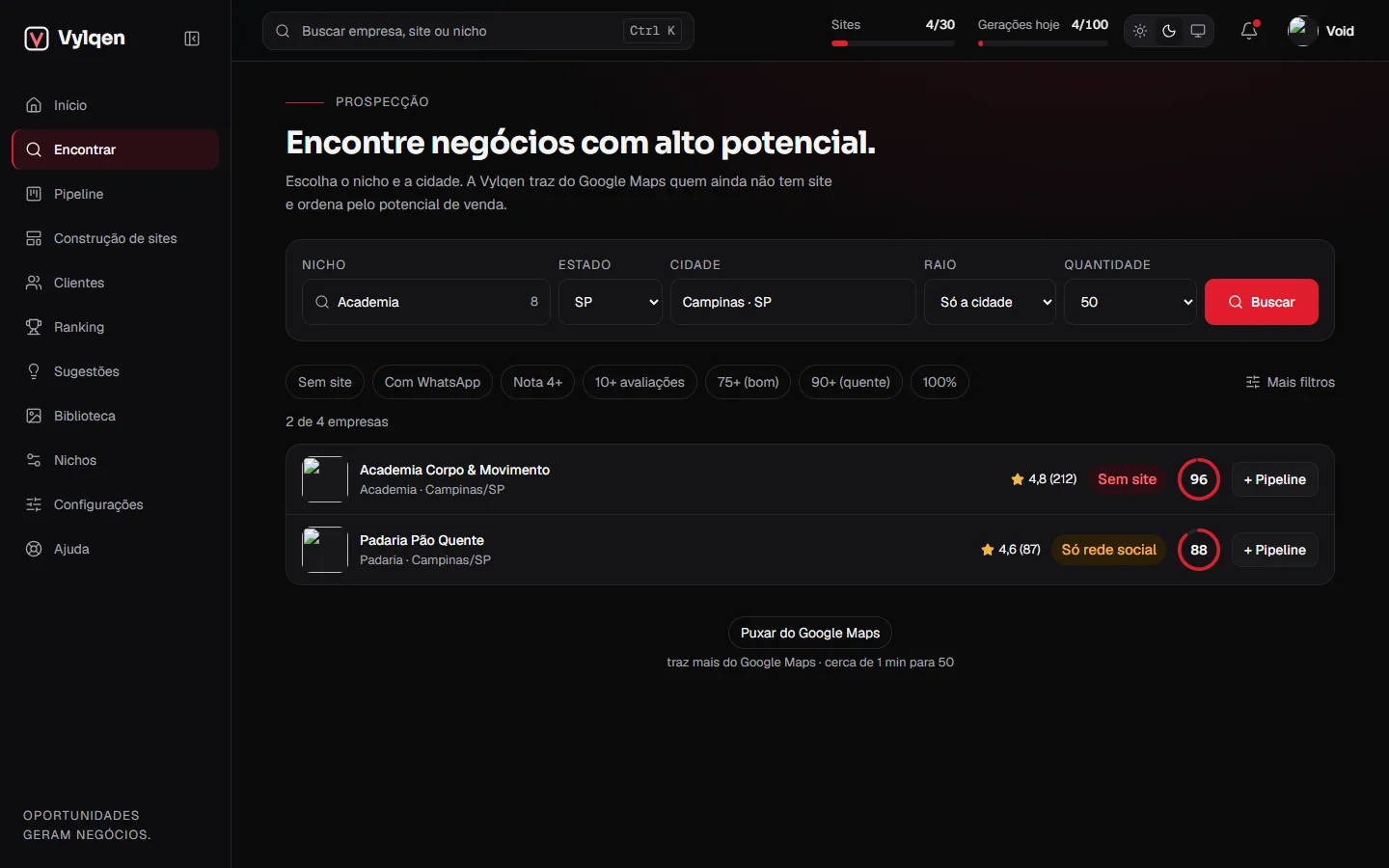 Tela Encontrar do painel: lista de comércios de Campinas com nota, marcação de “sem site” e pontuação de potencial.