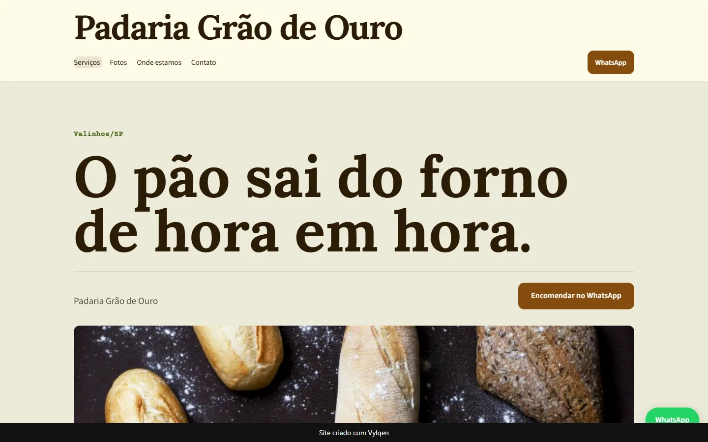 Primeira tela do site gerado para Padaria Grão de Ouro